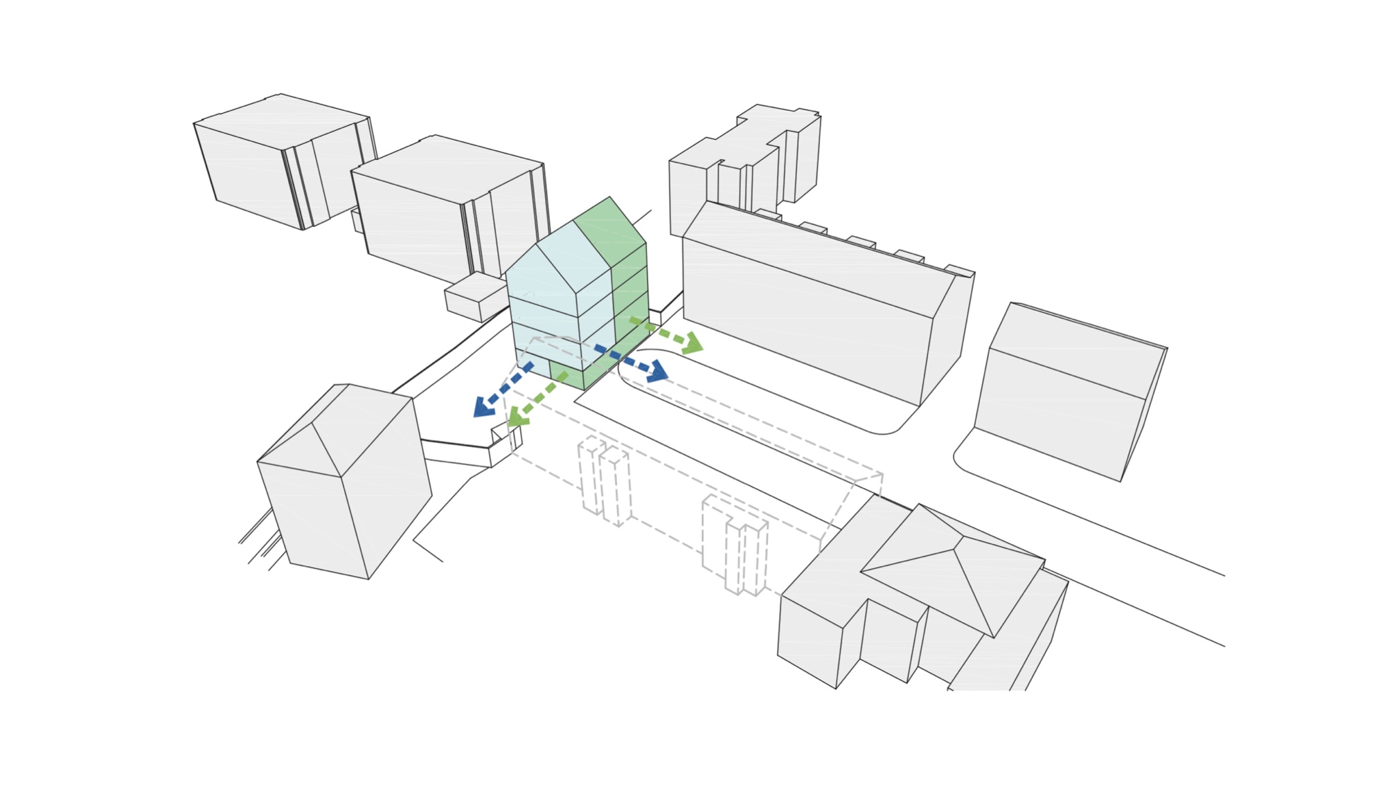Concept massing diagram showing the two houses addressing Eton Grove and St Margaret's Passage