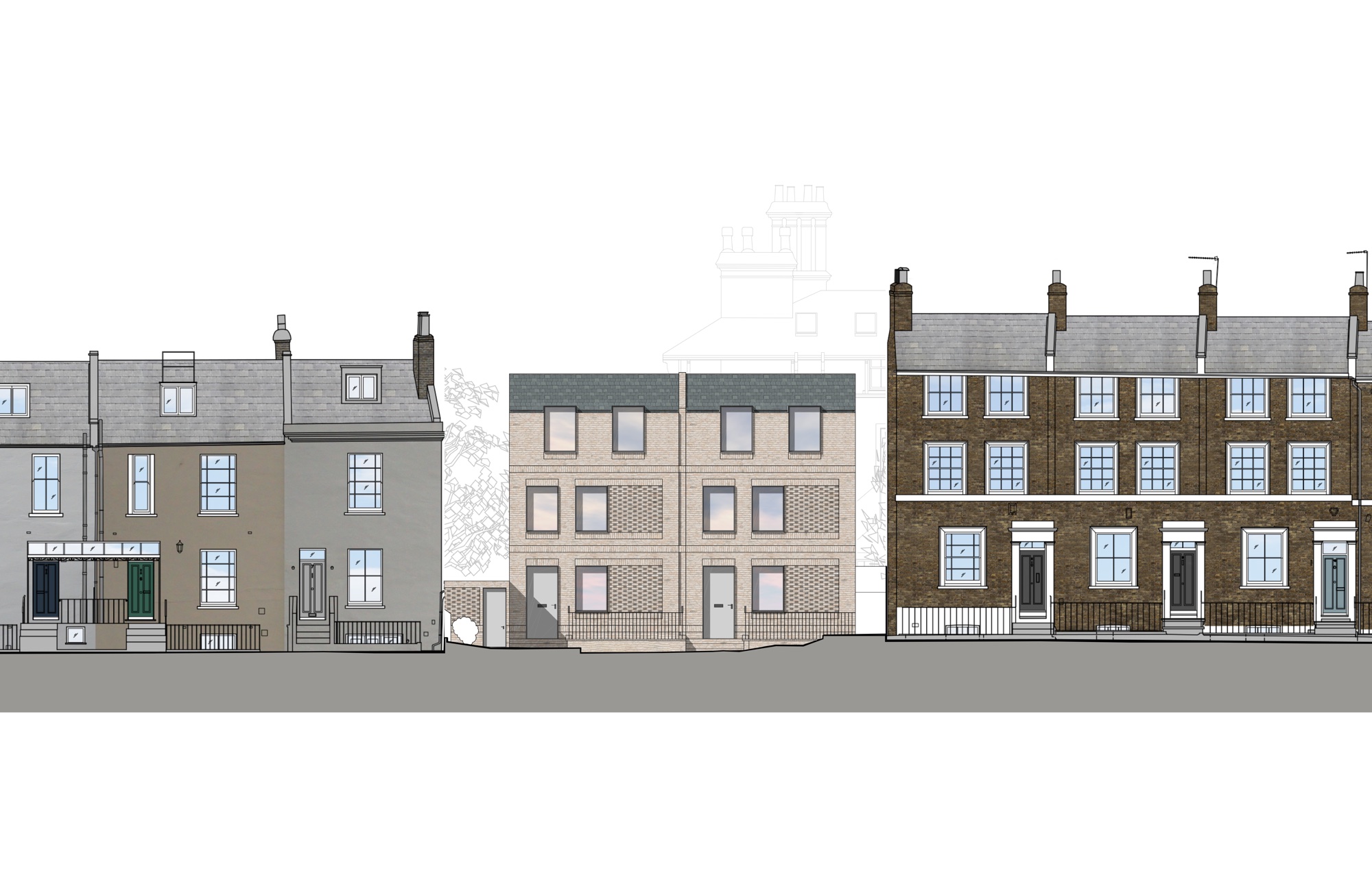 Proposed street elevation of the two new houses between the existing terraces
